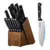 imageVEVOR Kitchen Knife Set with Block and Sharpener 15 Piece German High Carbon Stainless Steel Knife Set Kitchen Cutlery with PP Ergonomic Handle Sharpening Rod and Wooden Block for Home CooksBlade Stainless Steel Silver Handle Black Knife Block Walnut Color