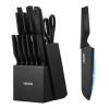 imageVEVOR Kitchen Knife Set with Block and Sharpener 15 Piece German High Carbon Stainless Steel Knife Set Kitchen Cutlery with PP Ergonomic Handle Sharpening Rod and Wooden Block for Home CooksBlade Black Handle Black Knife Block Black