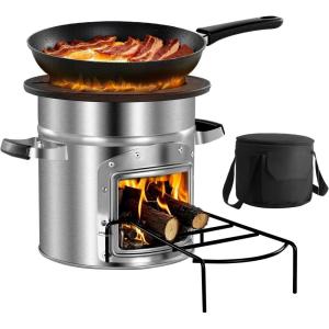 imageVEVOR Camping Rocket Stove Wood Burning Portable Rocket Stove with Carrying Bag for Backpacking Stainless Steel Single Door Burn Wood Twigs or Sticks for Outdoor Cooking Backyard Camp Cooking
