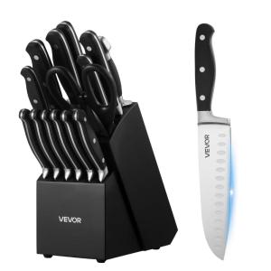 imageVEVOR Kitchen Knife Set with Block and Sharpener 15 Piece German High Carbon Stainless Steel Knife Set Kitchen Cutlery with PP Ergonomic Handle Sharpening Rod and Wooden Block for Home CooksBlade Stainless Steel Silver Handle Black Knife Block Black