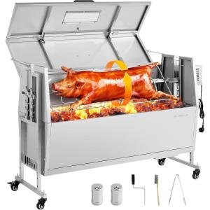 imageVEVOR Rotisserie Grill 46in BBQ Outdoor Pig ampamp Lamb Spit Roaster Charcoal Spit Roaster with 132 LBS Capacity Wheels ampamp 4Level Height Stainless Steel Rotisserie Grill Kit for Camping Outdoor Parties