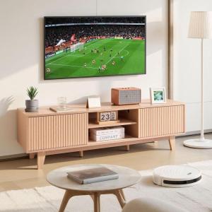 imageVEVOR 59quot TV Stand Mid Century Modern Media Console for 556065 inch TVs Boho Entertainment Center TV Cabinet with Fluted Sliding Door and Open Adjustable Shelves for Living Room Bedroom Oak