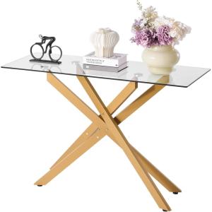 imageVEVOR Glass Console Table 394 Inch Entryway Table Modern Rectangle Sofa Table with Tempered Glass Top and Iron Legs Golden Consloe Desk for Living Room Hallway EntrywayGold