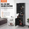 imageVEVOR Salon Storage Cabinet Barber Salon Station for Hair Stylist Hair Stylist Station Set with 3 Hair Dryer Holders Cabinets and A Drawer BlackWall Mount Styling Station 3