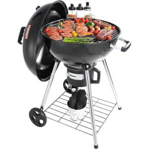 imageVEVOR 22 inch Charcoal Grill with Bowl Portable Charcoal Grill with Wheels for Outdoor PorcelainEnameled Lid with Slide Out Ash Catcher Round Barbecue Kettle Grill Wheels for Small Patio Backyard