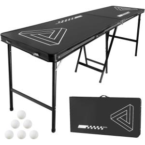 imageVEVOR 8 Foot Portable Pong Table Folding Tailgate Table Cup Holes Dry Erase Markers and Carrying Handles Adjustable Height Lightweight Table for Office Tailgate Party amp CampingHeightenBlack