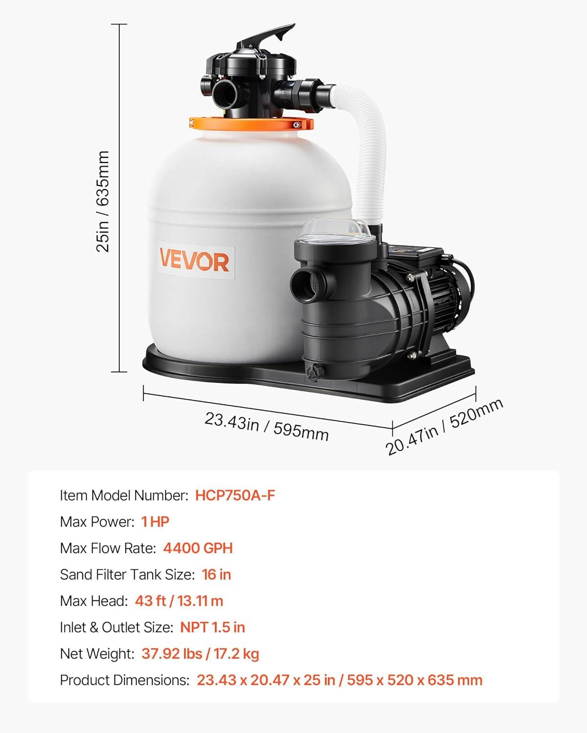 imageVEVOR FlashPure Sand Filter Pump 14 in for Above Ground Pool 075 HP 3500 GPH Swimming Pool Filter System with Timer 6X Faster Filtration Media Installed LeakResistant Ready to Use Out of Box16 inch  1 HP  4400 GPH