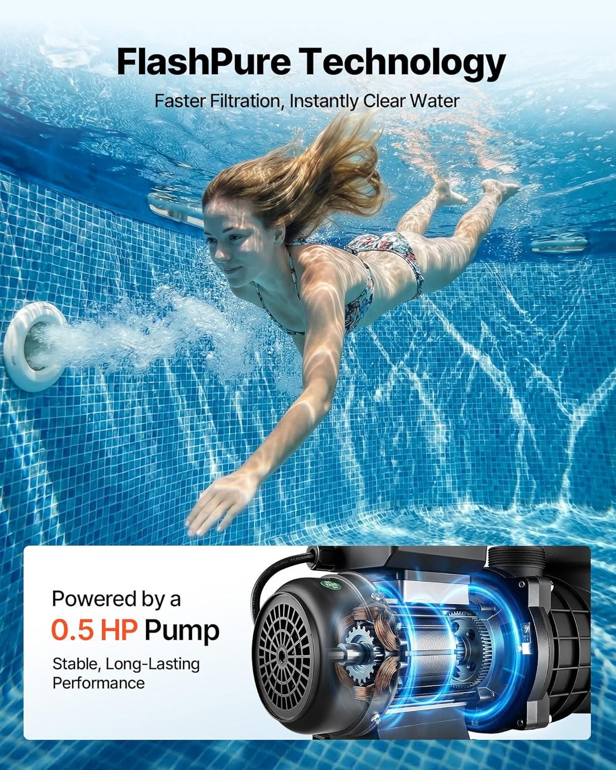 imageVEVOR FlashPure Sand Filter Pump 14 in for Above Ground Pool 075 HP 3500 GPH Swimming Pool Filter System with Timer 6X Faster Filtration Media Installed LeakResistant Ready to Use Out of Box12 inch  05 HP  3000 GPH