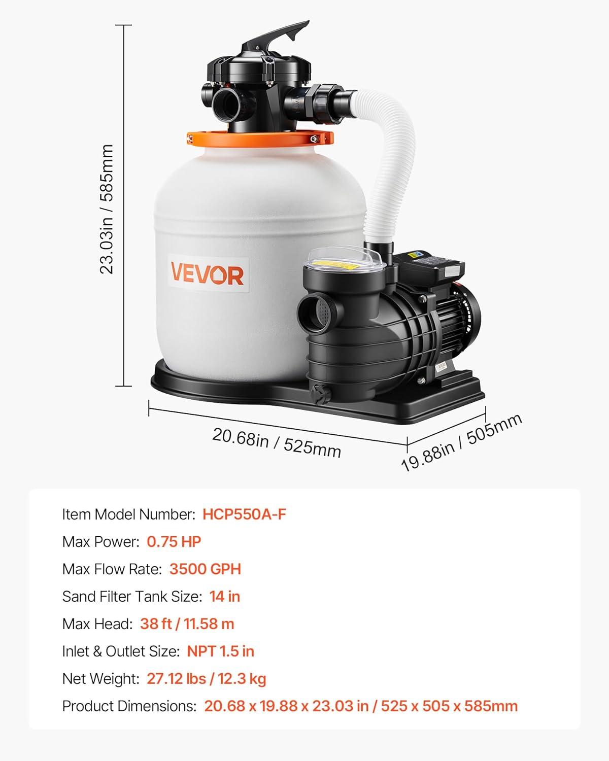 imageVEVOR FlashPure Sand Filter Pump 14 in for Above Ground Pool 075 HP 3500 GPH Swimming Pool Filter System with Timer 6X Faster Filtration Media Installed LeakResistant Ready to Use Out of Box14 inch  075 HP  3500 GPH