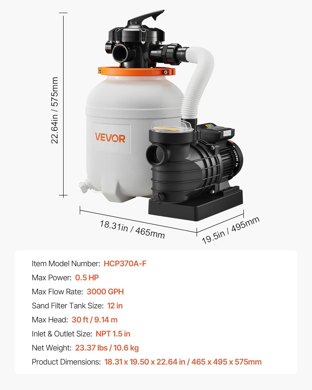 imageVEVOR FlashPure Sand Filter Pump 14 in for Above Ground Pool 075 HP 3500 GPH Swimming Pool Filter System with Timer 6X Faster Filtration Media Installed LeakResistant Ready to Use Out of Box12 inch  05 HP  3000 GPH