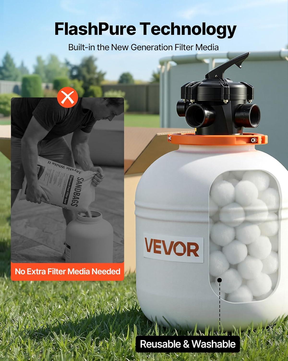 imageVEVOR FlashPure Sand Filter Pump 14 in for Above Ground Pool 075 HP 3500 GPH Swimming Pool Filter System with Timer 6X Faster Filtration Media Installed LeakResistant Ready to Use Out of Box16 inch  1 HP  4400 GPH