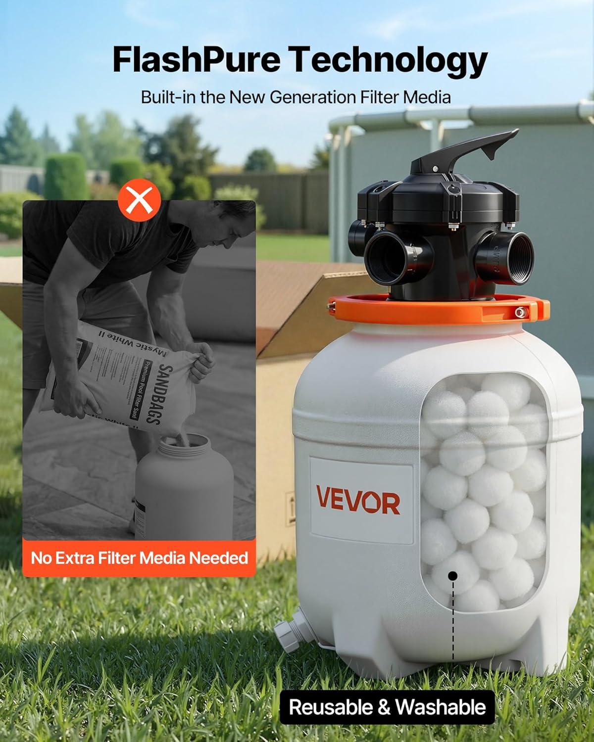 imageVEVOR FlashPure Sand Filter Pump 14 in for Above Ground Pool 075 HP 3500 GPH Swimming Pool Filter System with Timer 6X Faster Filtration Media Installed LeakResistant Ready to Use Out of Box12 inch  05 HP  3000 GPH