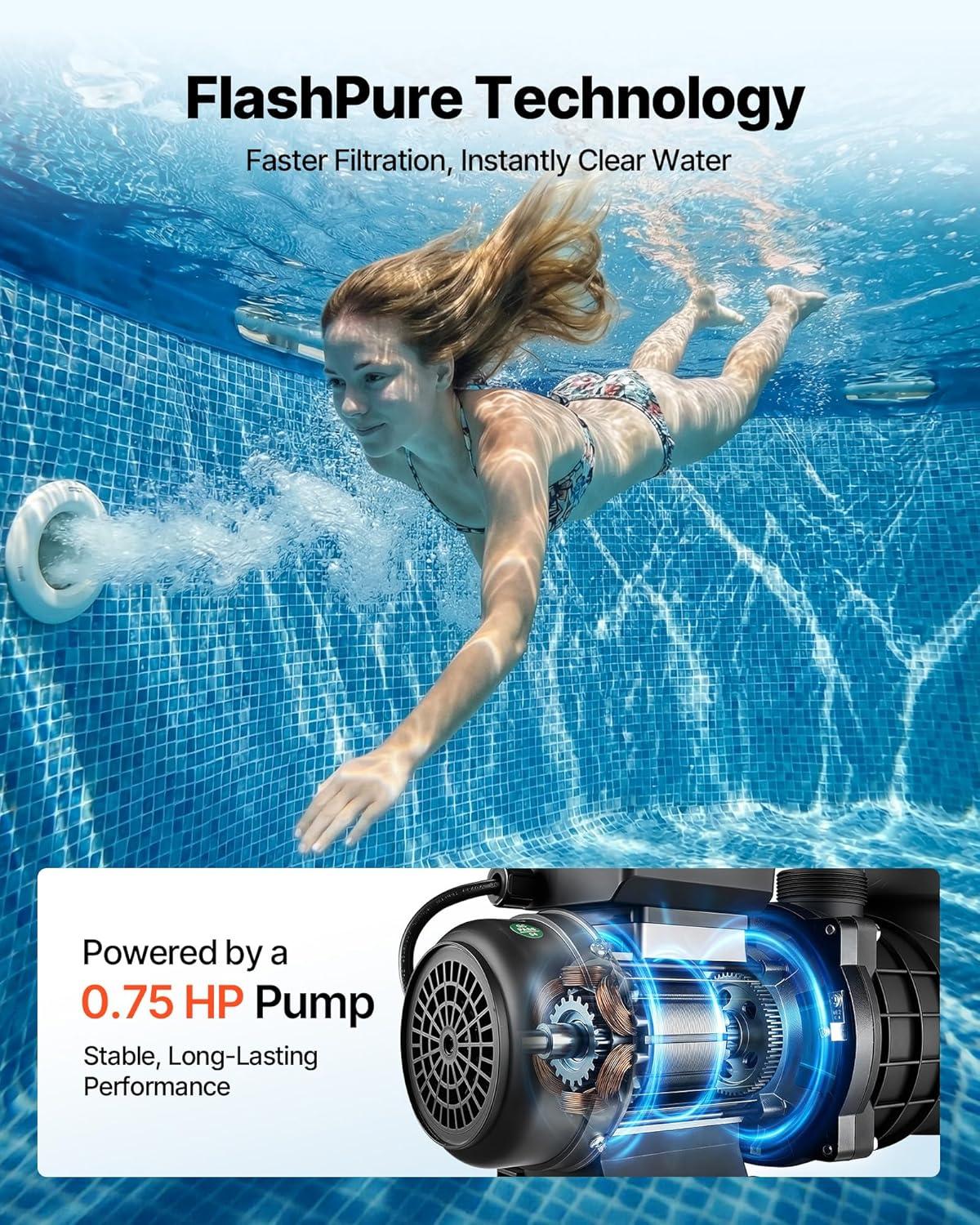 imageVEVOR FlashPure Sand Filter Pump 14 in for Above Ground Pool 075 HP 3500 GPH Swimming Pool Filter System with Timer 6X Faster Filtration Media Installed LeakResistant Ready to Use Out of Box14 inch  075 HP  3500 GPH