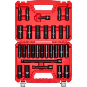 imageVEVOR 12 Drive Impact Socket Set 29Piece Deep Sockets Standard SAE 38 to 1 inch and Metric 10 to 24 mm Size 6 Point CRV Steel Extension Bars 3 5 1012 29 PCS