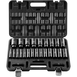 imageVEVOR 12 Drive Impact Socket Set 29Piece Deep Sockets Standard SAE 38 to 1 inch and Metric 10 to 24 mm Size 6 Point CRV Steel Extension Bars 3 5 1012 26PCS