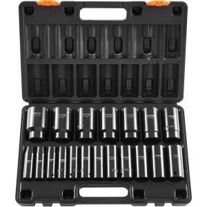 imageVEVOR 12 Drive Impact Socket Set 29Piece Deep Sockets Standard SAE 38 to 1 inch and Metric 10 to 24 mm Size 6 Point CRV Steel Extension Bars 3 5 1012 19PCS Deep
