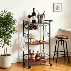 image:imageVEVOR Bar Cart 3 Tiers Home Kitchen Serving Carts Industrial Rolling Utility Station on Wheel Mobile Drink Beverage Shelf with Wine Rack amp Glass Holder 3464x1417x3268 in Rustic Brown and BlackRustic Brown and Black