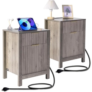 image:imageVEVOR Fluted Nightstand 3 Drawer Dresser 24 Wide Bedside Table with Charging Station Mid Century Modern Night Stand with Metal Handle USBATypeC Ports Wood Bed Side Table for BedroomOak Gray
