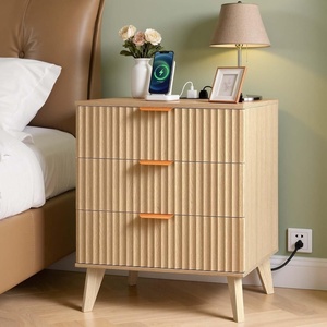 image:imageVEVOR Fluted Nightstand 3 Drawer Dresser 24 Wide Bedside Table with Charging Station Mid Century Modern Night Stand with Metal Handle USBATypeC Ports Wood Bed Side Table for BedroomNatural