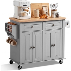 image:imageVEVOR Kitchen Island Cart with Storage 437 in Wide Mobile Rolling Storage Island on Swivel Wheels with 2 Drawers Storage Cabinet SpiceTowel Rack Hooks Table for Home Dining Room WhiteGrey