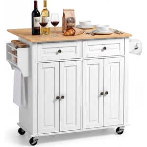 image:imageVEVOR Kitchen Island Cart with Storage 437 in Wide Mobile Rolling Storage Island on Swivel Wheels with 2 Drawers Storage Cabinet SpiceTowel Rack Hooks Table for Home Dining Room WhiteWhite