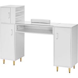 image:imageVEVOR Manicure Table Glass Top Desk Makeup Dressing Station with Storage Cabinets AcetoneResistant Nail Tech Table for Spa Beauty Salon Workstation with Wrist Rest 8 Metal Legs White
