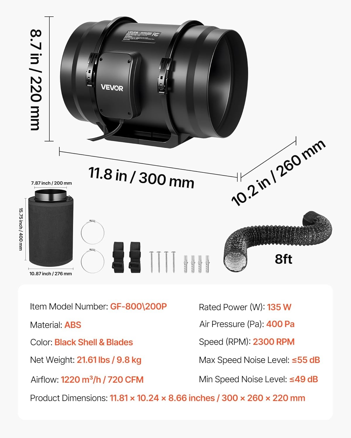 image:imageVEVOR 4 Air Filtration Kit 180 CFM Inline Duct Fan with Speed Controller Carbon Filter amp Ducting Ventilation System for Heating Cooling Booster Grow Tents Hydroponics8 Fan  Air Filtration Kit