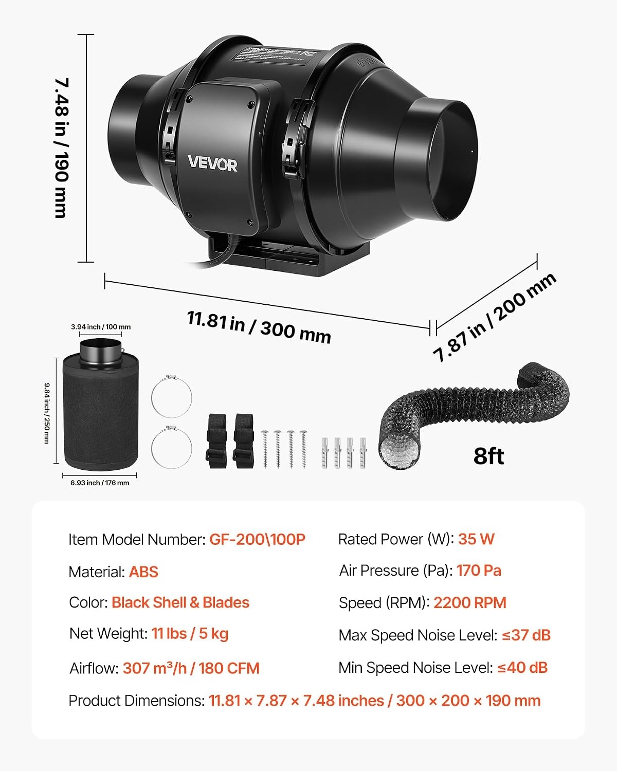 image:imageVEVOR 4 Air Filtration Kit 180 CFM Inline Duct Fan with Speed Controller Carbon Filter amp Ducting Ventilation System for Heating Cooling Booster Grow Tents Hydroponics4 Fan  Air Filtration Kit