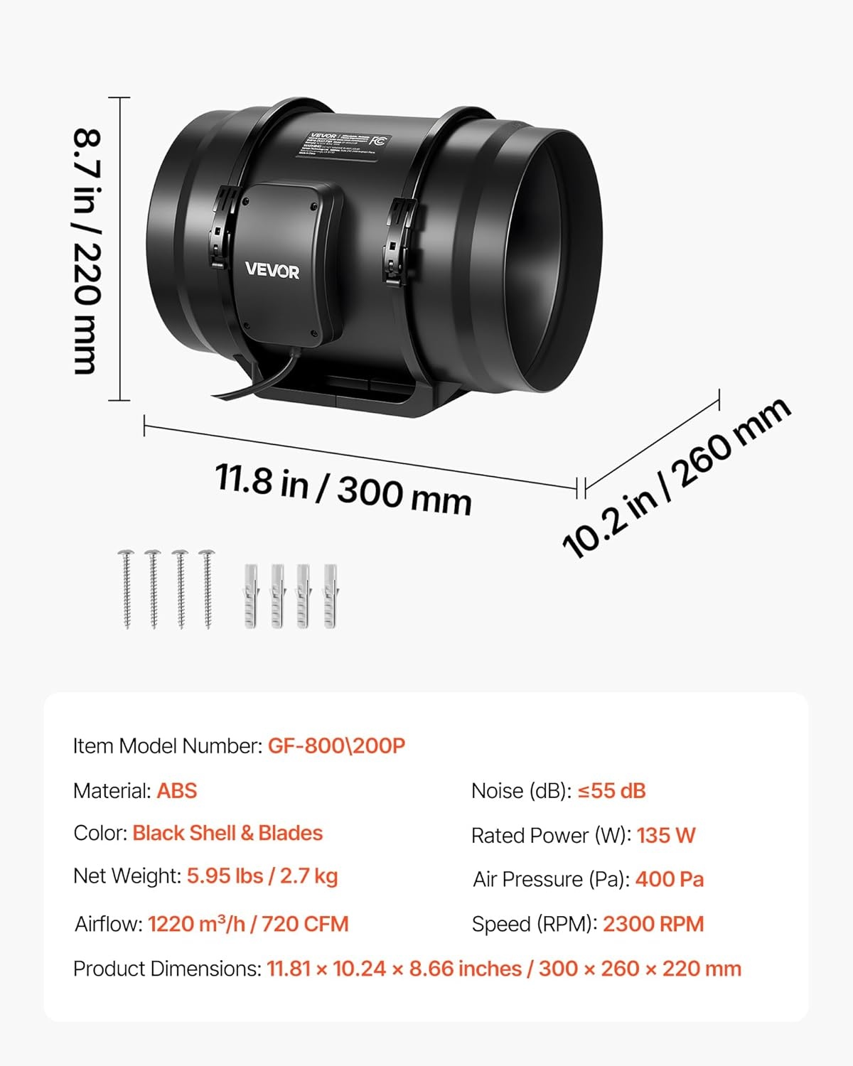 image:imageVEVOR 4 Air Filtration Kit 180 CFM Inline Duct Fan with Speed Controller Carbon Filter amp Ducting Ventilation System for Heating Cooling Booster Grow Tents Hydroponics8 Inline Fan