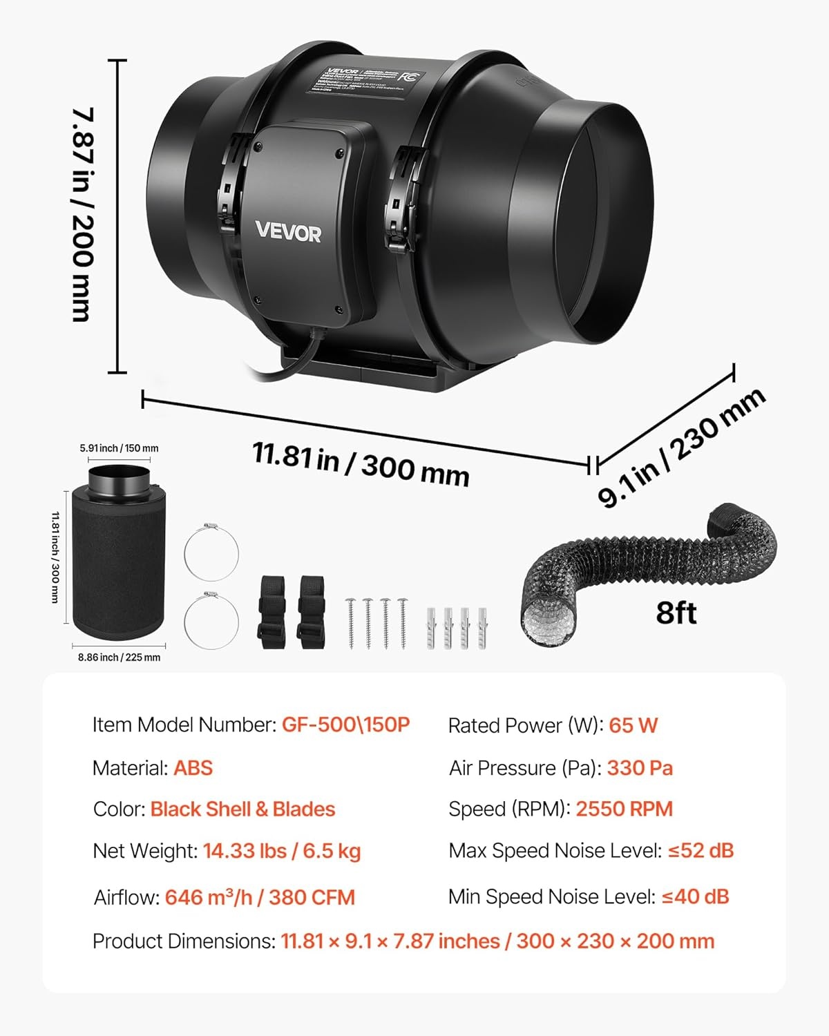 image:imageVEVOR 4 Air Filtration Kit 180 CFM Inline Duct Fan with Speed Controller Carbon Filter amp Ducting Ventilation System for Heating Cooling Booster Grow Tents Hydroponics6 Fan  Air Filtration Kit