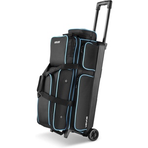 image:imageVEVOR Bowling Ball Bag 3 Ball Double Roller Bowling Bag with Wheels Featuring a Separate Compartment for Shoes Up To US Size 16 amp Oversized Accessory Pocket Retractable Handle Extends to 4134 inBlackblue