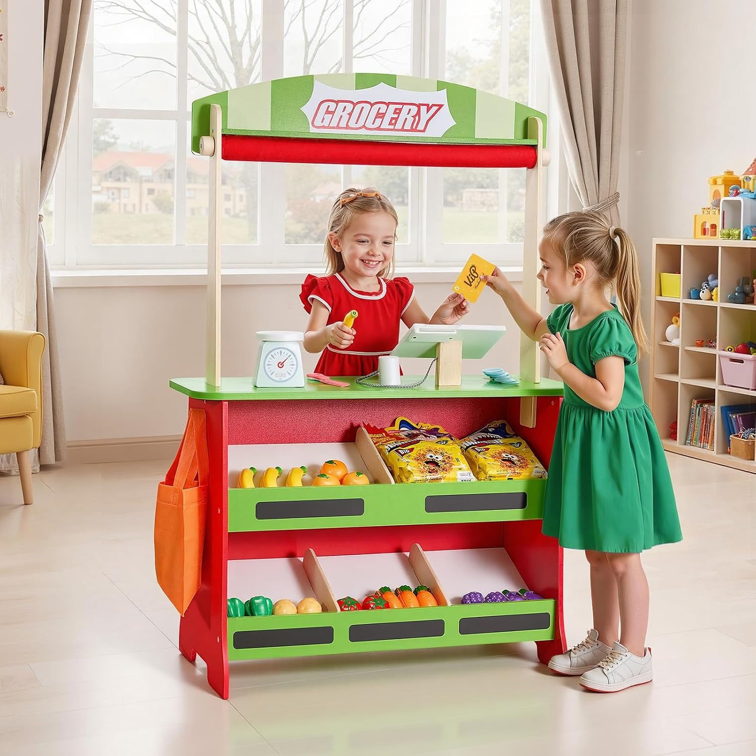 image:imageVEVOR Kids Pretend Play Grocery Store Wooden Supermarket Toy Set with Shopping Bag Conveyor Belt Scanner Cash Register Realistic Scale Gift for Boys amp GirlsStall  Playhouse