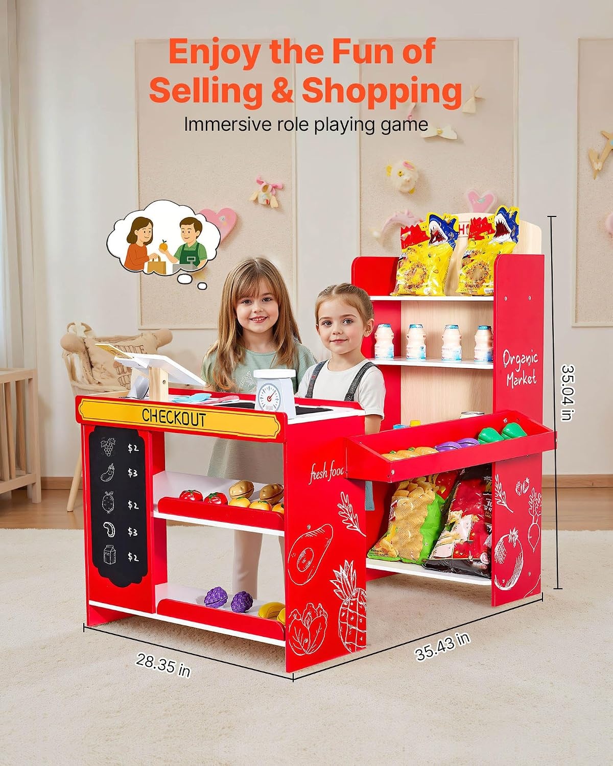 image:imageVEVOR Kids Pretend Play Grocery Store Wooden Supermarket Toy Set with Shopping Bag Conveyor Belt Scanner Cash Register Realistic Scale Gift for Boys amp GirlsModular Stall Set