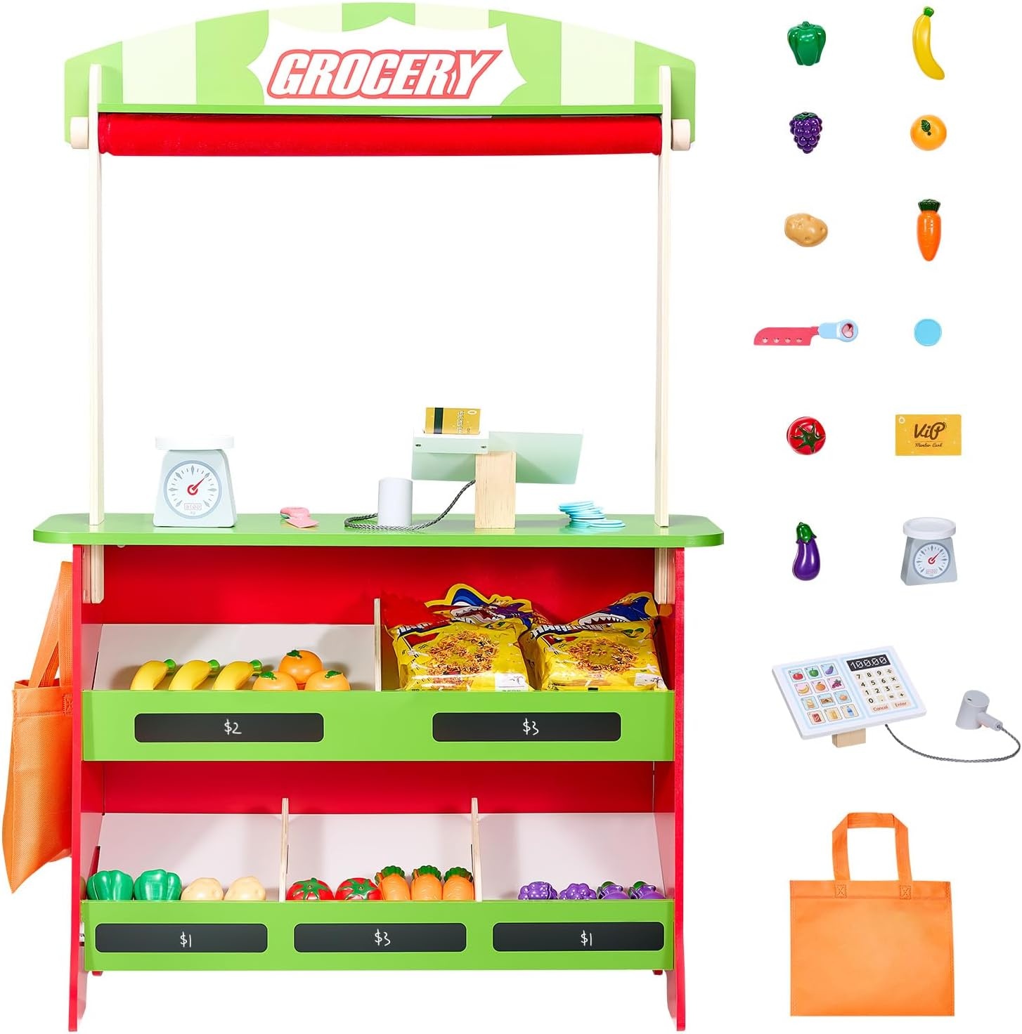image:imageVEVOR Kids Pretend Play Grocery Store Wooden Supermarket Toy Set with Shopping Bag Conveyor Belt Scanner Cash Register Realistic Scale Gift for Boys amp GirlsStall  Playhouse