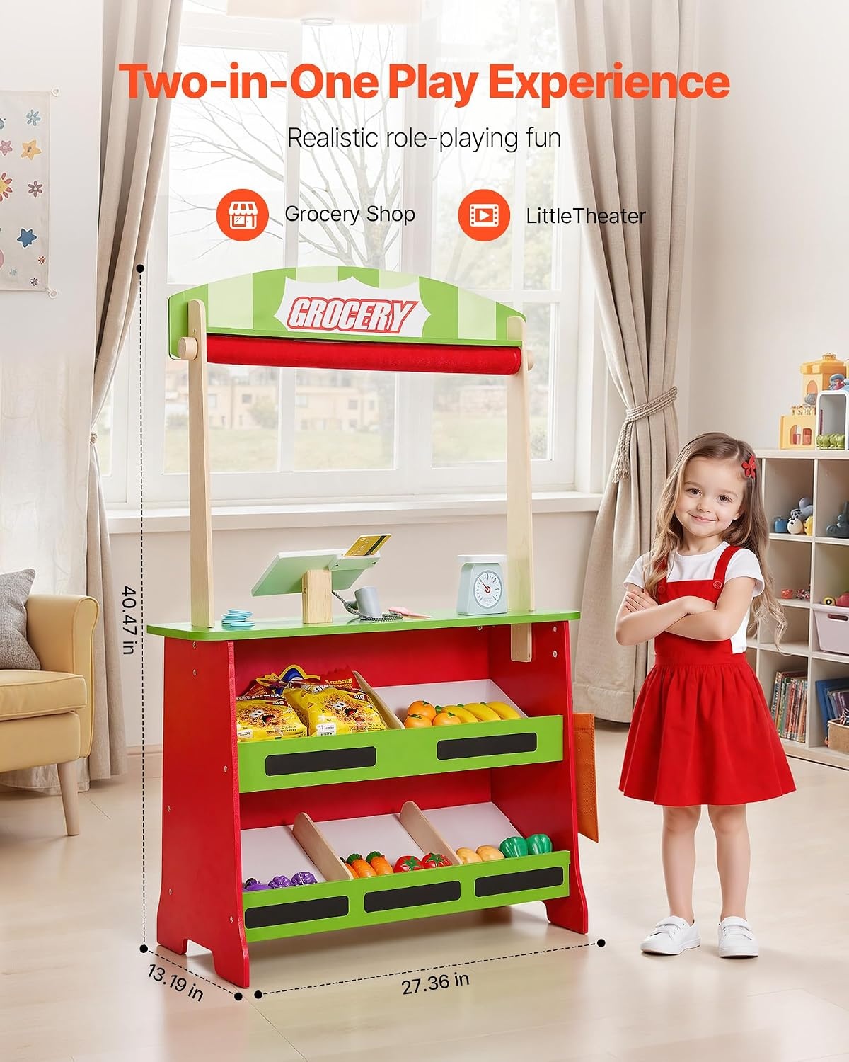 image:imageVEVOR Kids Pretend Play Grocery Store Wooden Supermarket Toy Set with Shopping Bag Conveyor Belt Scanner Cash Register Realistic Scale Gift for Boys amp GirlsStall  Playhouse