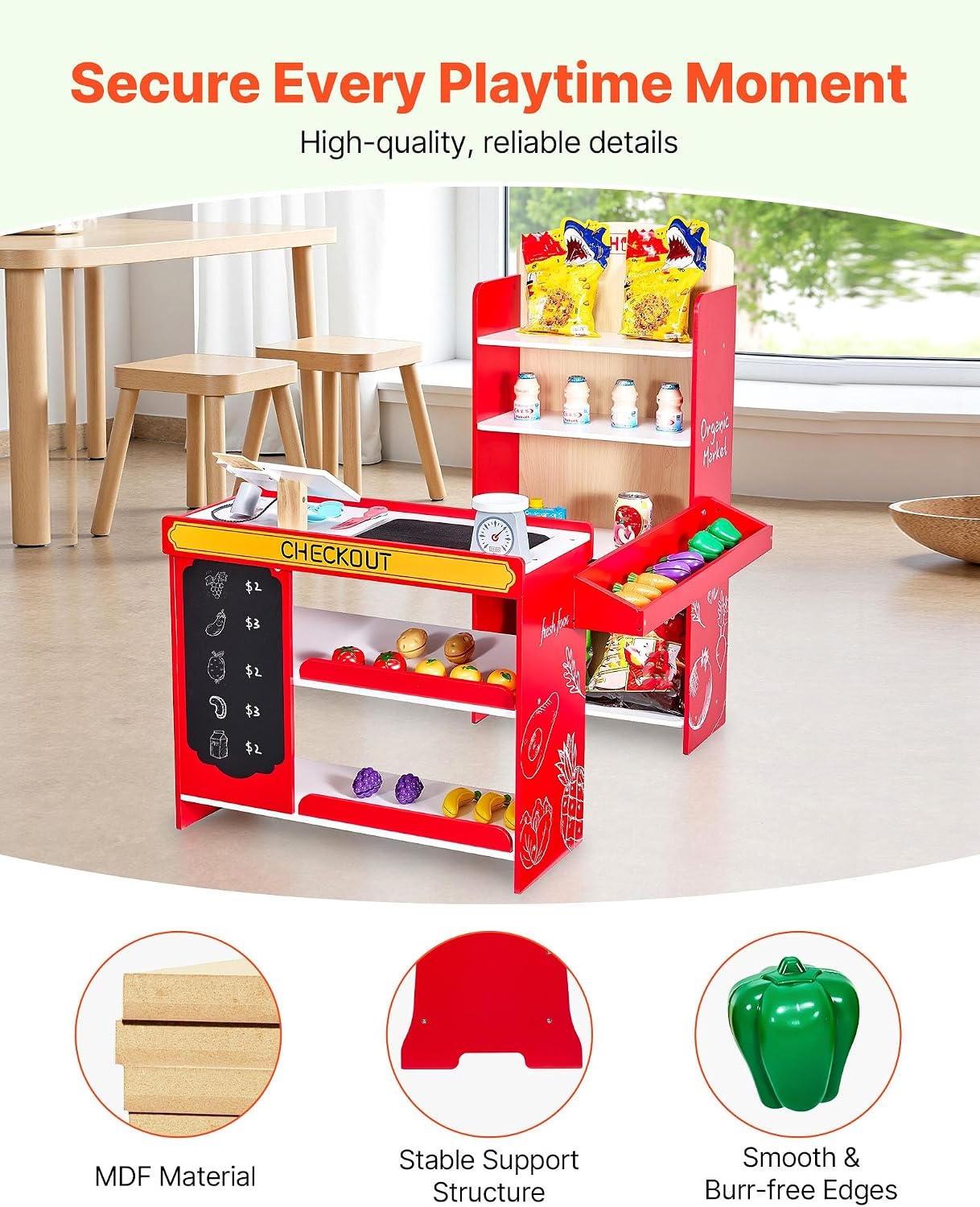 image:imageVEVOR Kids Pretend Play Grocery Store Wooden Supermarket Toy Set with Shopping Bag Conveyor Belt Scanner Cash Register Realistic Scale Gift for Boys amp GirlsModular Stall Set