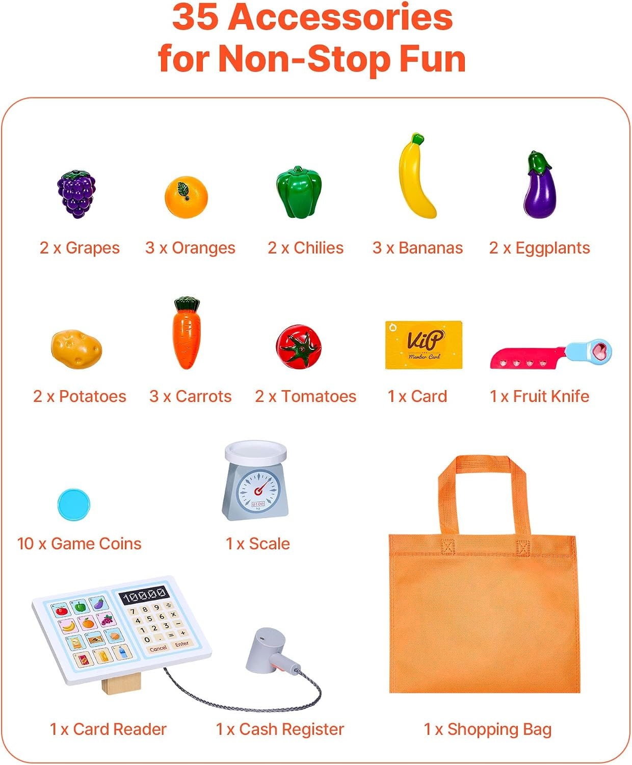 image:imageVEVOR Kids Pretend Play Grocery Store Wooden Supermarket Toy Set with Shopping Bag Conveyor Belt Scanner Cash Register Realistic Scale Gift for Boys amp GirlsModular Stall Set