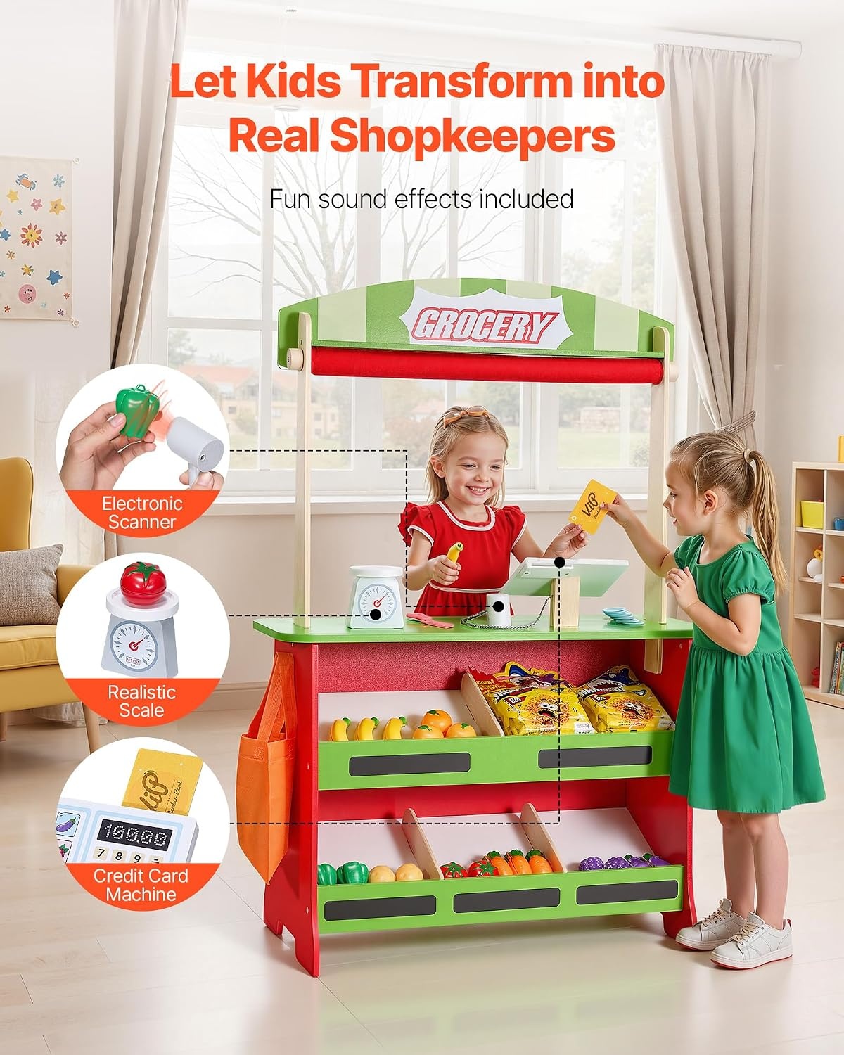 image:imageVEVOR Kids Pretend Play Grocery Store Wooden Supermarket Toy Set with Shopping Bag Conveyor Belt Scanner Cash Register Realistic Scale Gift for Boys amp GirlsStall  Playhouse