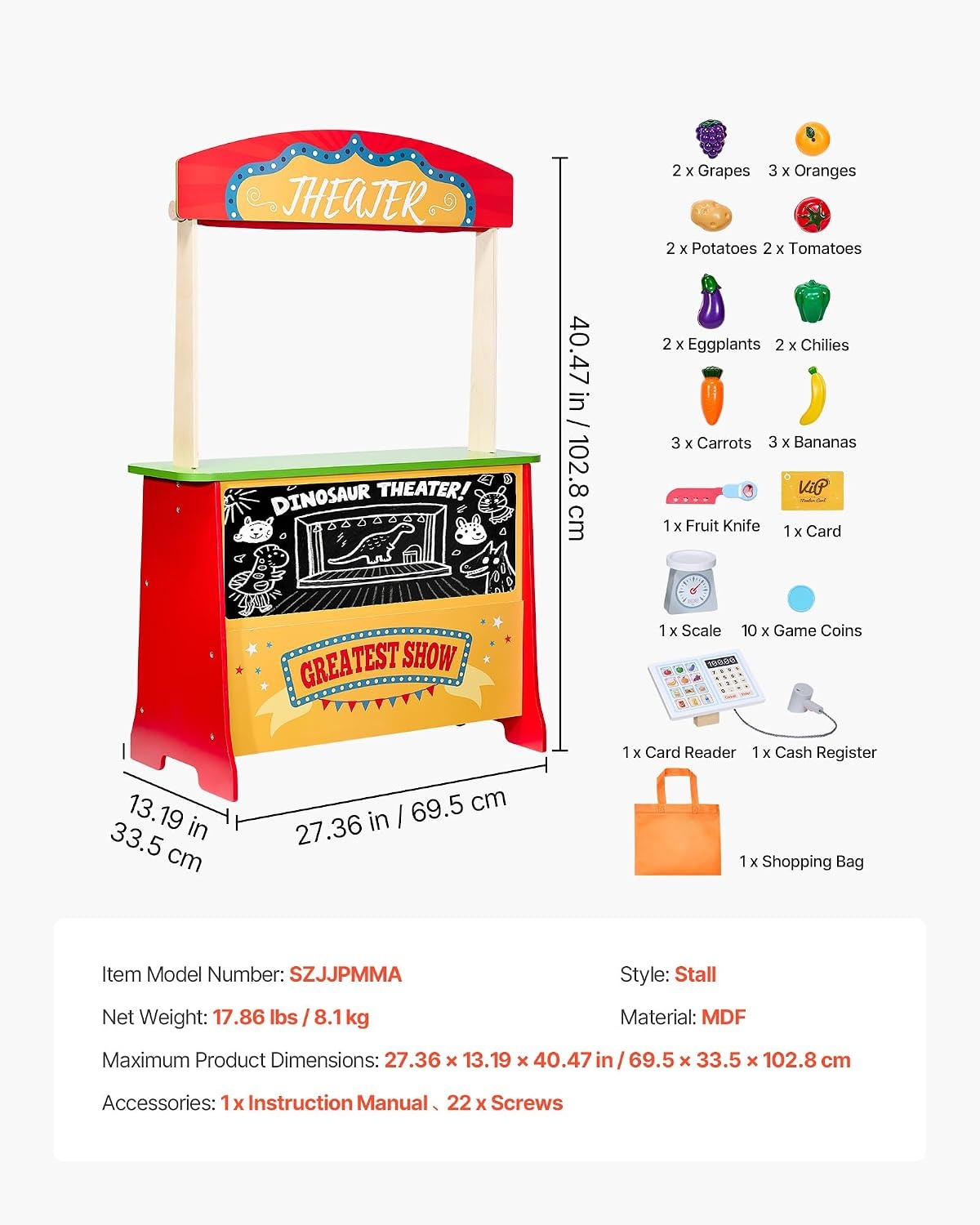 image:imageVEVOR Kids Pretend Play Grocery Store Wooden Supermarket Toy Set with Shopping Bag Conveyor Belt Scanner Cash Register Realistic Scale Gift for Boys amp GirlsStall  Playhouse