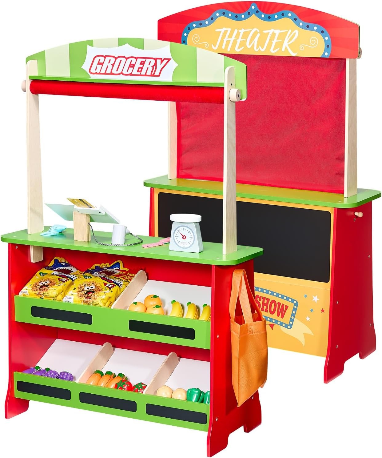 image:imageVEVOR Kids Pretend Play Grocery Store Wooden Supermarket Toy Set with Shopping Bag Conveyor Belt Scanner Cash Register Realistic Scale Gift for Boys amp GirlsStall  Playhouse