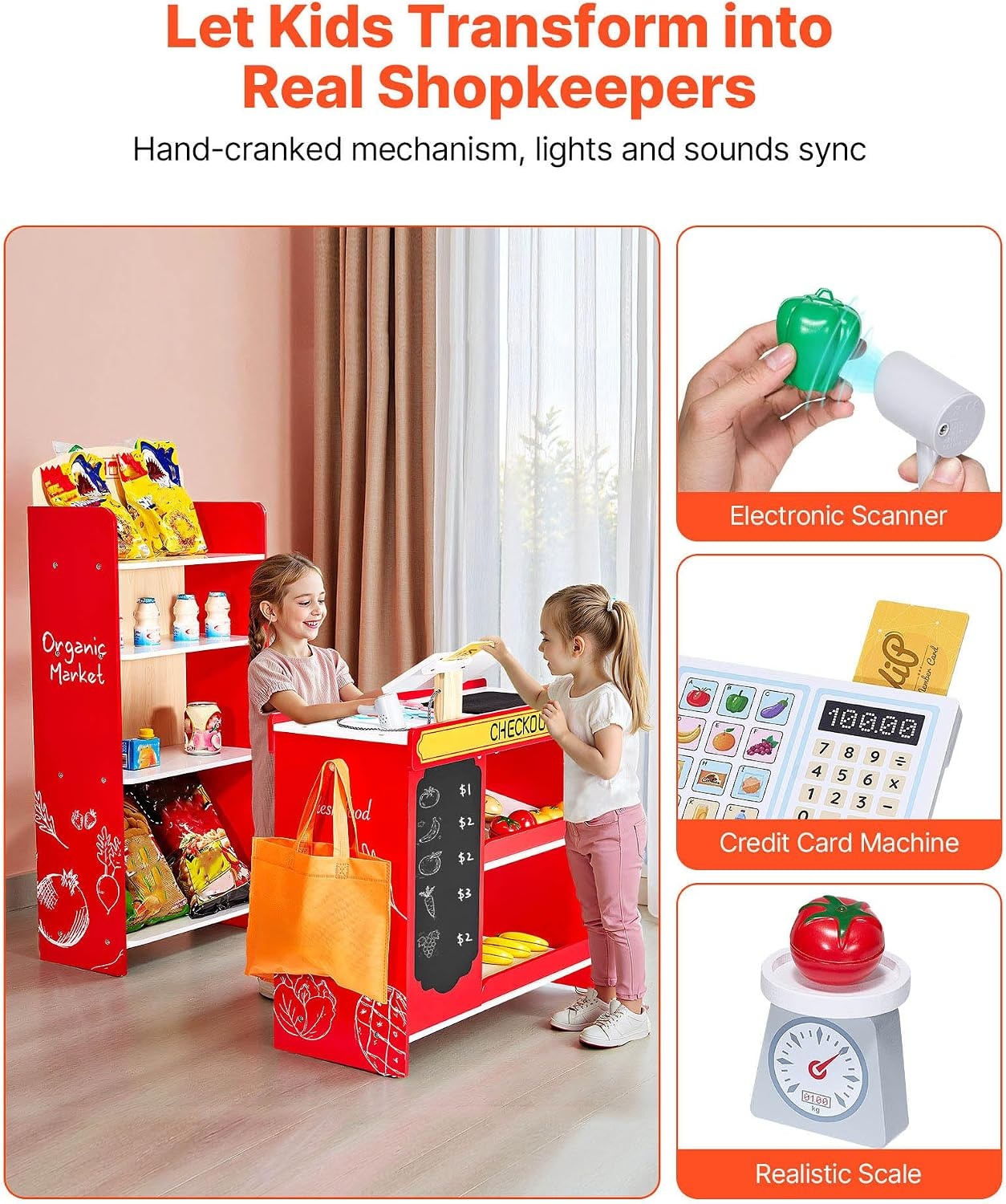 image:imageVEVOR Kids Pretend Play Grocery Store Wooden Supermarket Toy Set with Shopping Bag Conveyor Belt Scanner Cash Register Realistic Scale Gift for Boys amp GirlsModular Stall Set