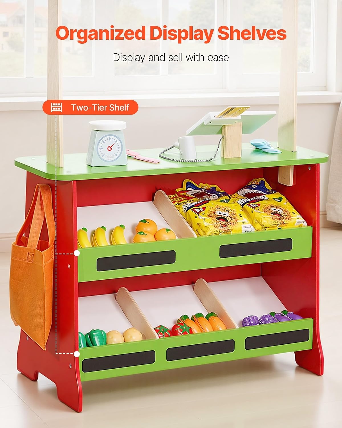image:imageVEVOR Kids Pretend Play Grocery Store Wooden Supermarket Toy Set with Shopping Bag Conveyor Belt Scanner Cash Register Realistic Scale Gift for Boys amp GirlsStall  Playhouse