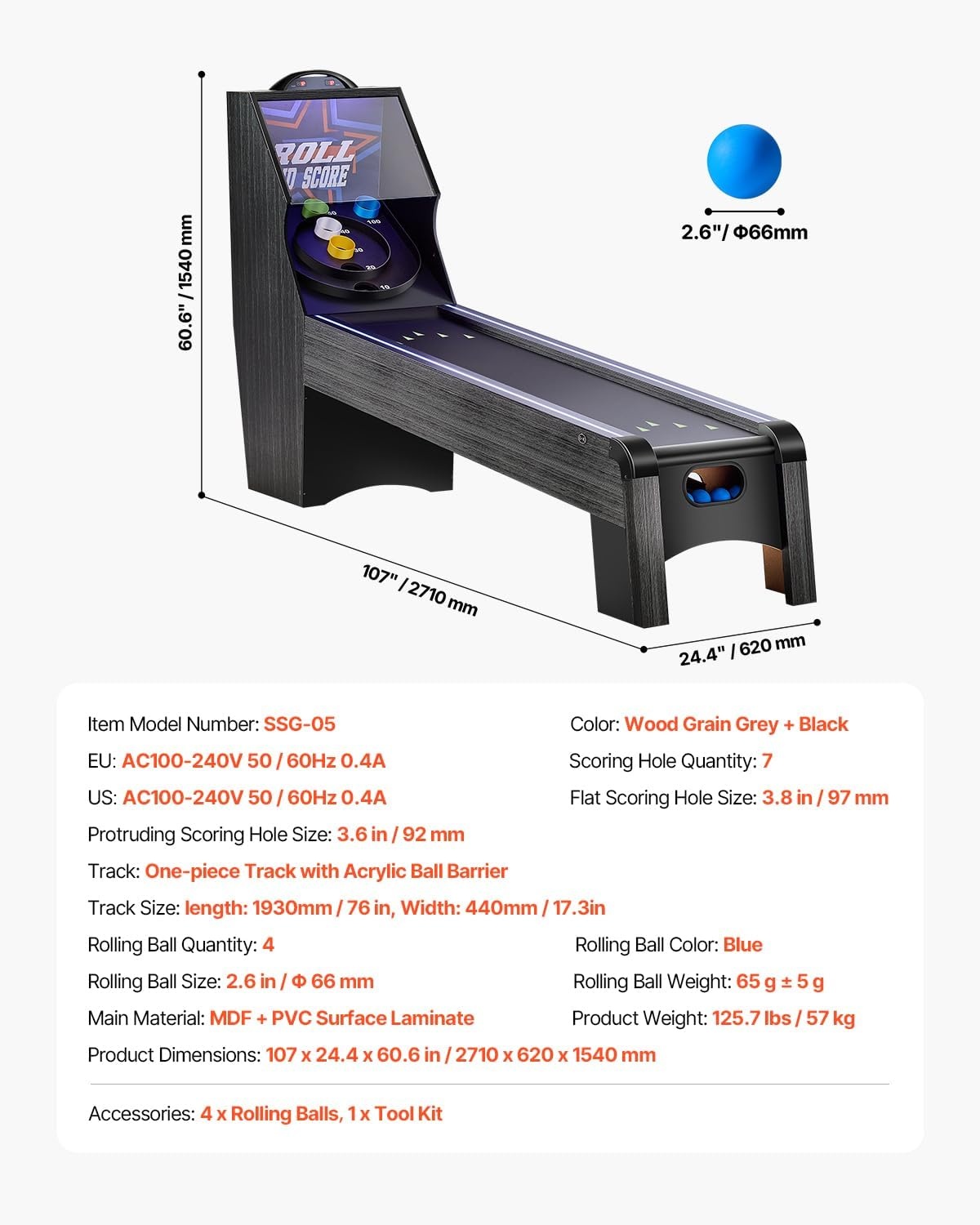 image:imageVEVOR Roll and Score Classic Arcade GameTable Sky Ball Table Machine LED ElectronicScorer amp Track Lighting Sound Automatic BallReturn Home Recreation Game Room9LED Track Lighting