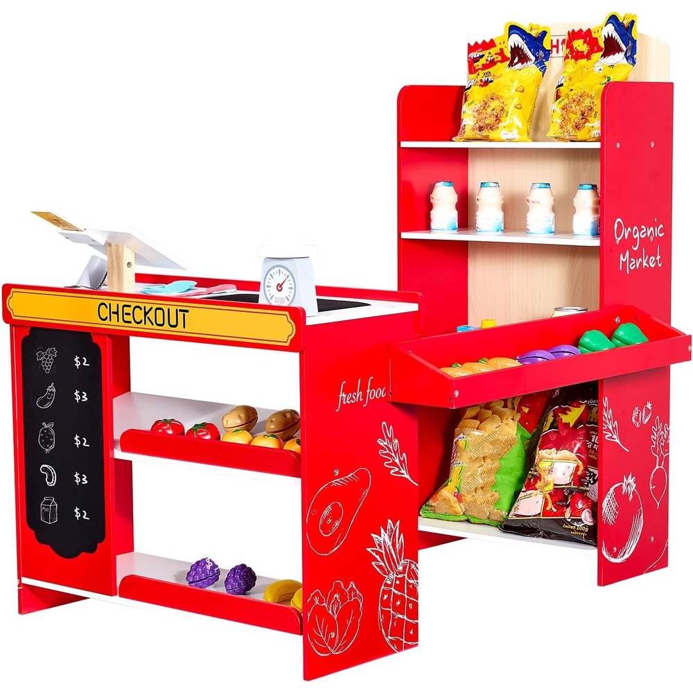 image:imageVEVOR Kids Pretend Play Grocery Store Wooden Supermarket Toy Set with Shopping Bag Conveyor Belt Scanner Cash Register Realistic Scale Gift for Boys amp GirlsModular Stall Set