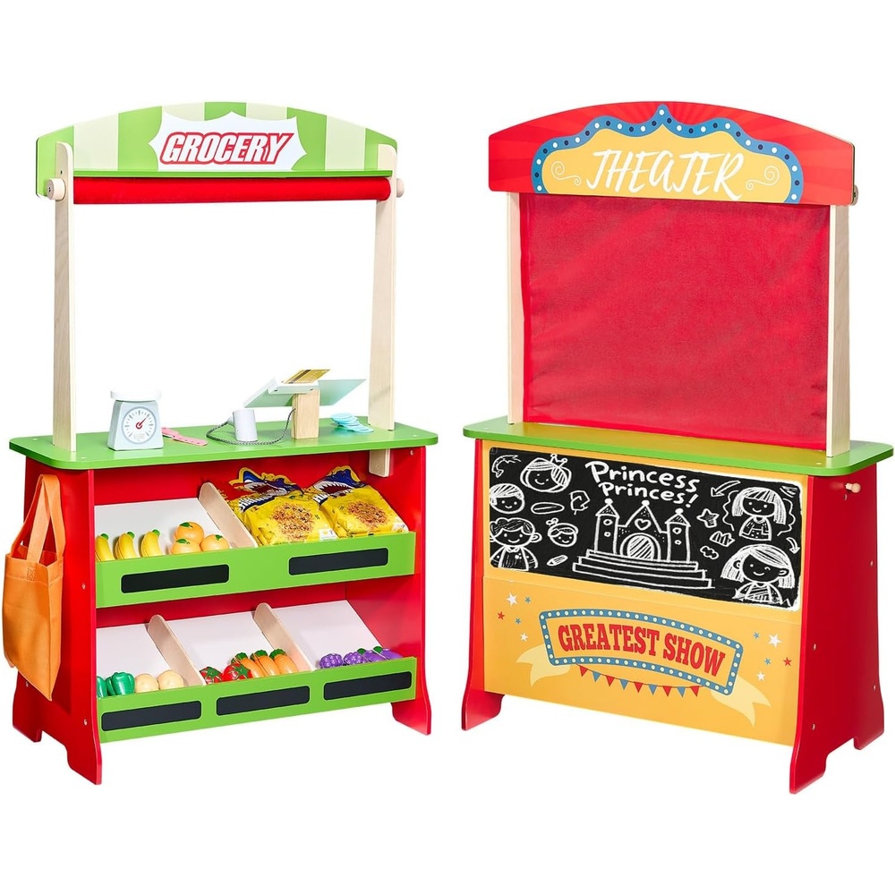 image:imageVEVOR Kids Pretend Play Grocery Store Wooden Supermarket Toy Set with Shopping Bag Conveyor Belt Scanner Cash Register Realistic Scale Gift for Boys amp GirlsStall  Playhouse