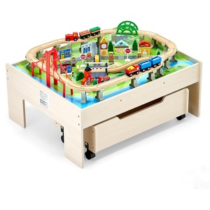 image:imageVEVOR Train Table 62 Multicolor Pieces Wooden Kids Activity Table with Large Storage Drawer 3in1 Wooden Train Set for Playing Drawing Reading Eating Creative Toy Set for Kids Ages 3Rolling Drawer