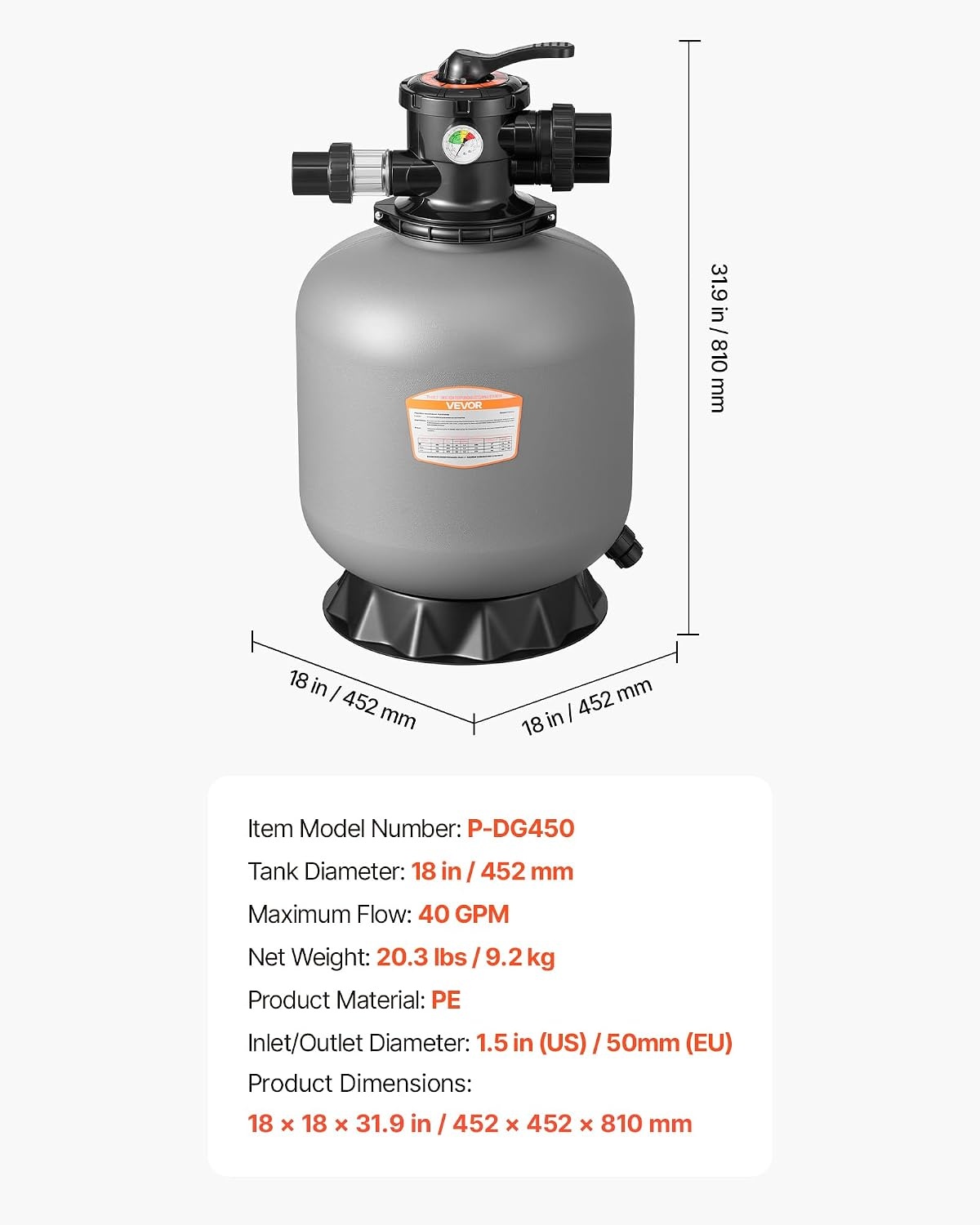 image:imageVEVOR Sand Filter 18Inch 40 GPM Above Inground Swimming Pool Sand Filter System with 7Way MultiPort Valve Backwash Rinse Recirculate Waste Winter Closed Modes for Above In Ground Pools18Inch  40 GPM
