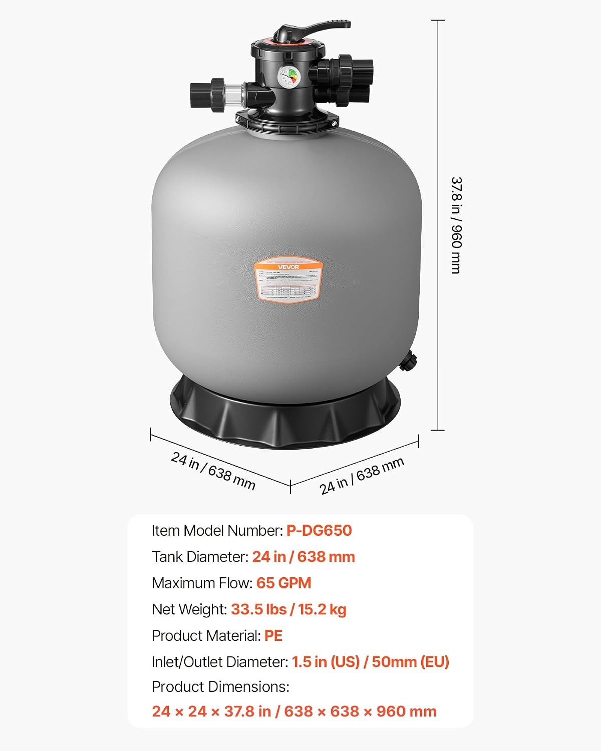 image:imageVEVOR Sand Filter 18Inch 40 GPM Above Inground Swimming Pool Sand Filter System with 7Way MultiPort Valve Backwash Rinse Recirculate Waste Winter Closed Modes for Above In Ground Pools24Inch  65 GPM