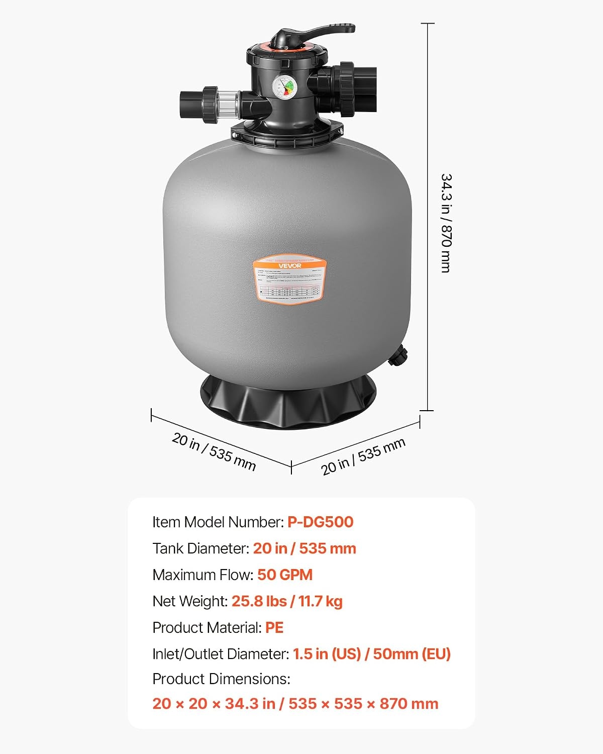 image:imageVEVOR Sand Filter 18Inch 40 GPM Above Inground Swimming Pool Sand Filter System with 7Way MultiPort Valve Backwash Rinse Recirculate Waste Winter Closed Modes for Above In Ground Pools20Inch  50 GPM