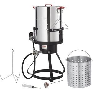 image:imageVEVOR 10 Qt Fish and Wing Fryer Aluminum Propane Fish Fryer Kit Outdoor Deep Fryer Seafood Pot with Thermometer Strainer Basket and 54000 BTUs Propane Burners for Outdoor and Backyard Cooking30qt